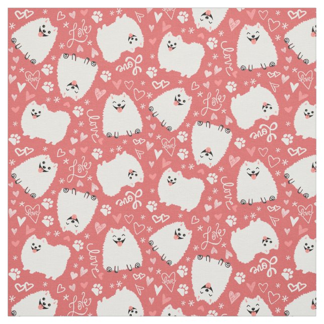 Cute White Pomeranians Pattern with Hearts Pink Fabric (Swatch)