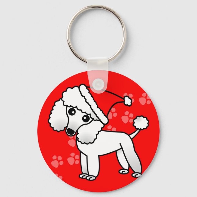 Cute White Poodle Cartoon Santa Hat Key Ring (Front)