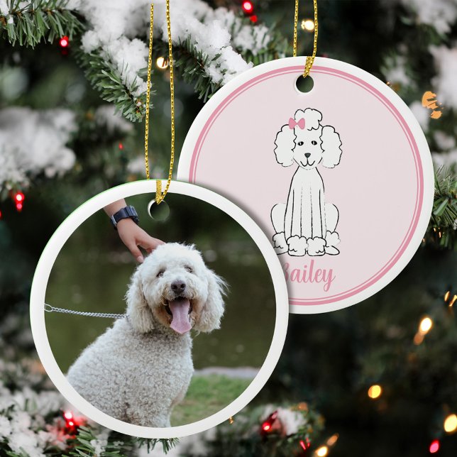 Cute White Poodle Puppy Christmas Photo Ornament (Creator Uploaded)