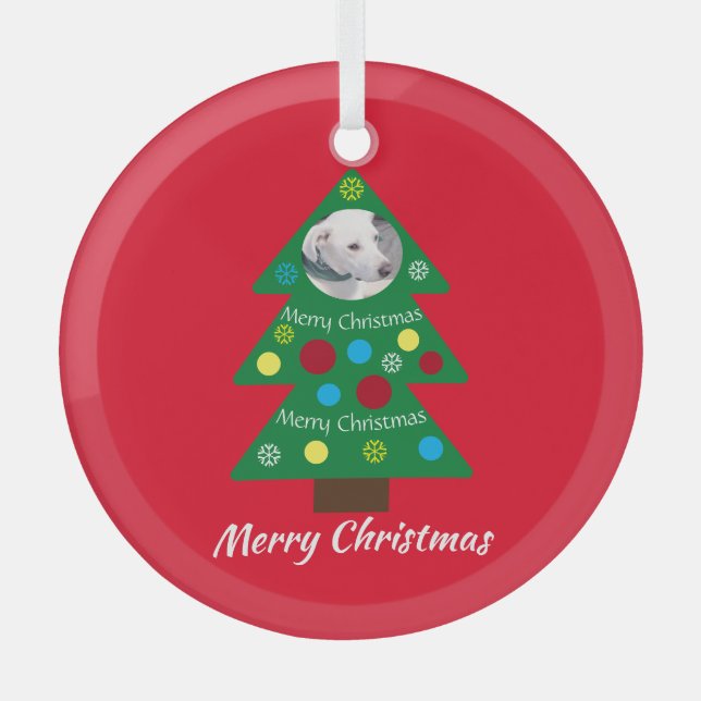 Cute White Puppy Dog Colourful Christmas Tree Red Glass Tree Decoration (Front)