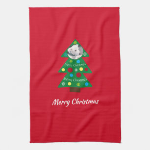 Cute White Puppy Dog Colourful Christmas Tree Red Tea Towel
