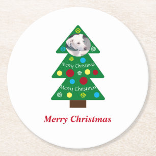 Cute White Puppy Dog Colourful Christmas Tree Xmas Round Paper Coaster