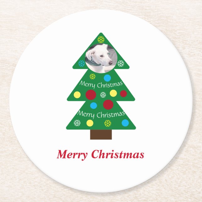 Cute White Puppy Dog Colourful Christmas Tree Xmas Round Paper Coaster (Front)