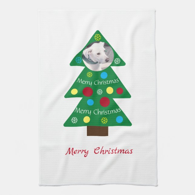Cute White Puppy Dog Colourful Christmas Tree Xmas Tea Towel (Vertical)