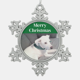 Cute White Puppy Dog Wearing Green Scarf Festive Snowflake Pewter Christmas Ornament