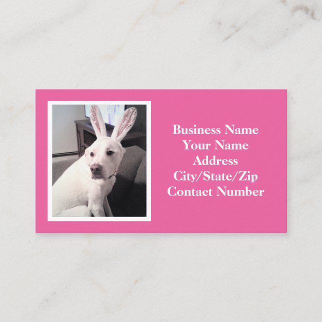 Cute White Puppy Dog With Easter Bunny Ears Pink Business Card (Front)