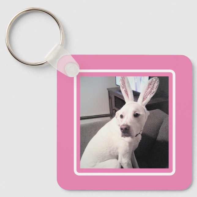 Cute White Puppy Dog With Easter Bunny Ears Pink Key Ring (Front)