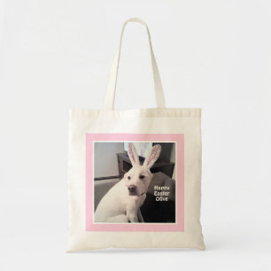 Cute White Puppy Dog With Easter Bunny Ears Pink Tote Bag