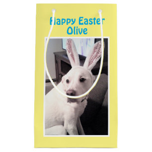 Cute White Puppy Dog With Easter Bunny Ears Yellow Small Gift Bag