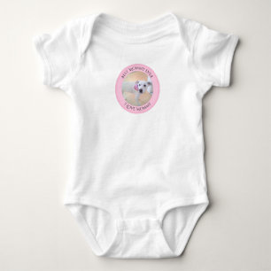 Cute White Puppy Dog With Sweet Face and Eyes Pink Baby Bodysuit