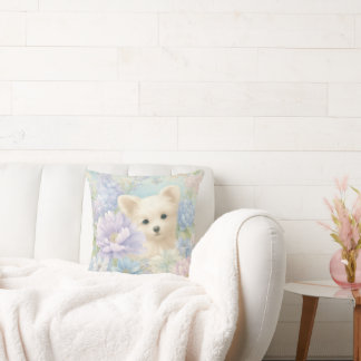 cute white puppy with flowers cushion