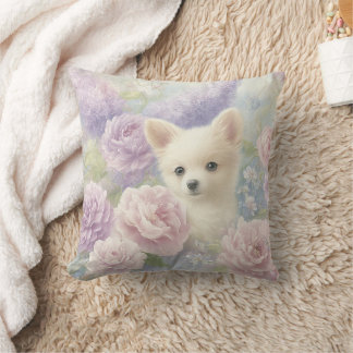cute white puppy with flowers cushion