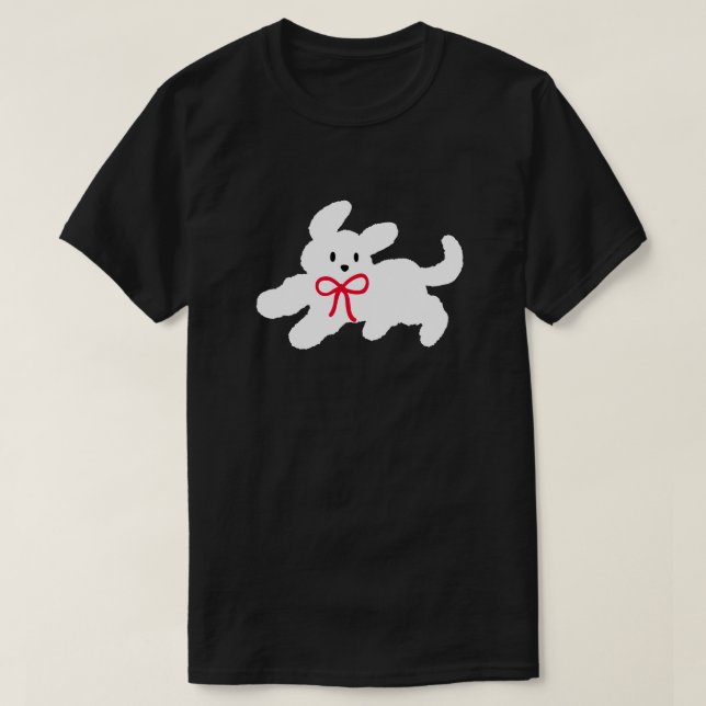 Cute White Puppy with Red Bow Coquette Aesthetic T-Shirt (Design Front)