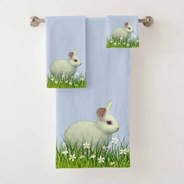Cute White Rabbit & Flowers on Light Blue Bath Towel Set (Insitu)