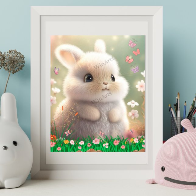 Cute White Rabbit in Garden of Flowers Art Nursery Poster (Creator Uploaded)