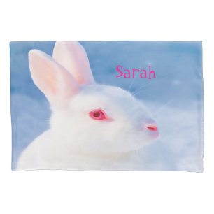 Cute white rabbit on blue background add name pillowcase