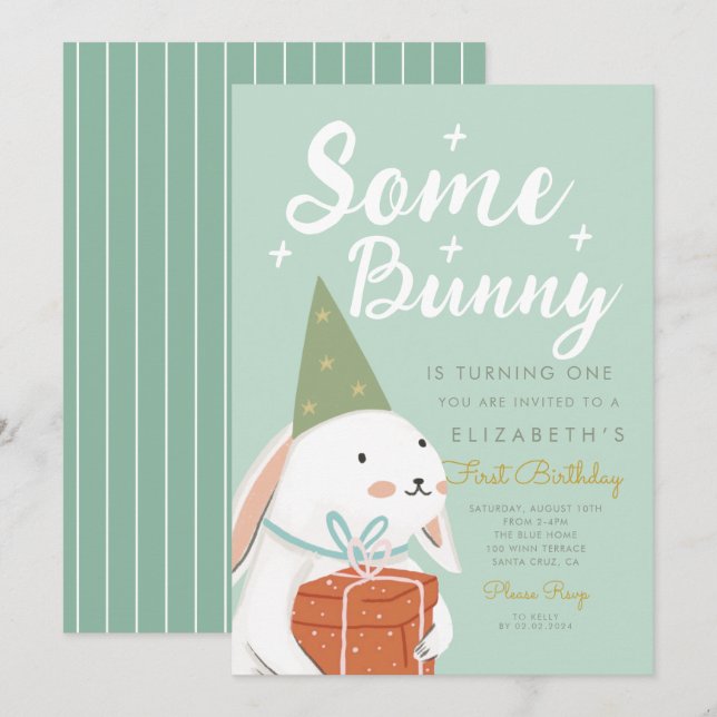 Cute White Rabbit Some Bunny is turning One Bday Invitation (Front/Back)