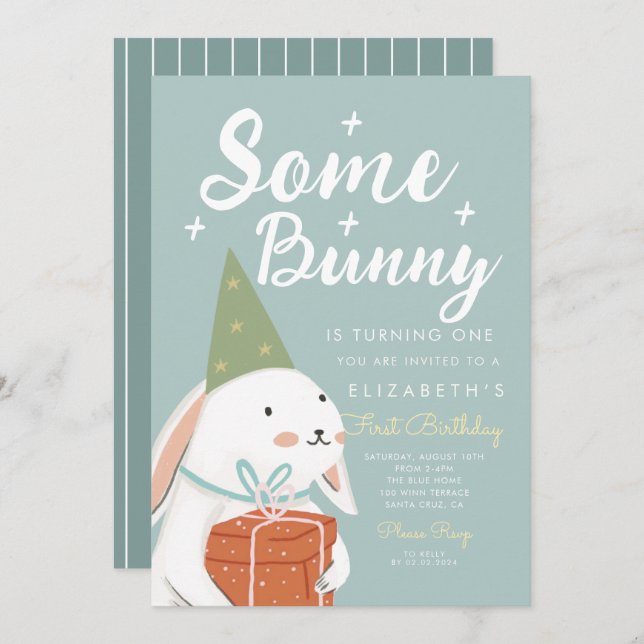 Cute White Rabbit Some Bunny is turning One Bday Invitation (Front/Back)