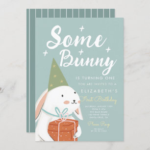 Cute White Rabbit Some Bunny is turning One Bday Invitation
