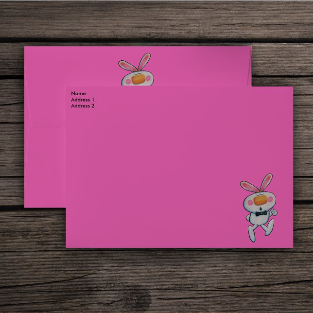 Cute White Rabbit Thumbs Up Bow Tie Pink Envelope (White Easter or Spring bunny thumbs up sign on bright pinks mailing envelopes.)