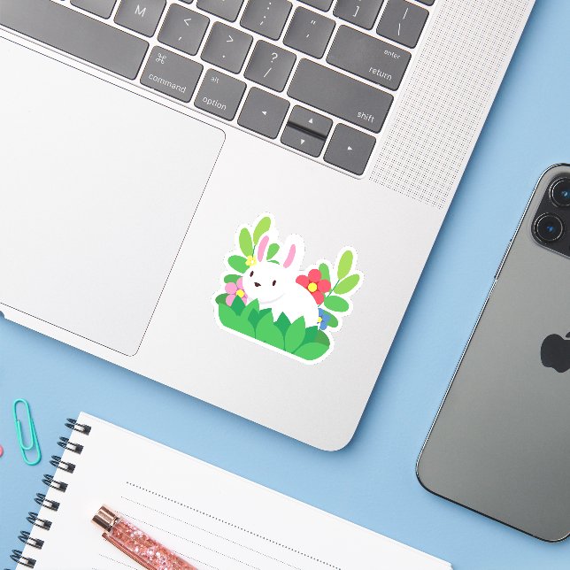 Cute White Rabbit With Flowers (Laptop w/ iPhone)