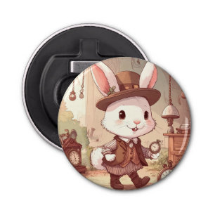 Cute White Rabbit Wonderland Whimsical Timekeeper Bottle Opener