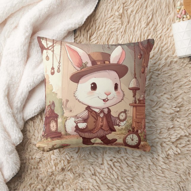 Cute White Rabbit Wonderland Whimsical Timekeeper Cushion (Blanket)