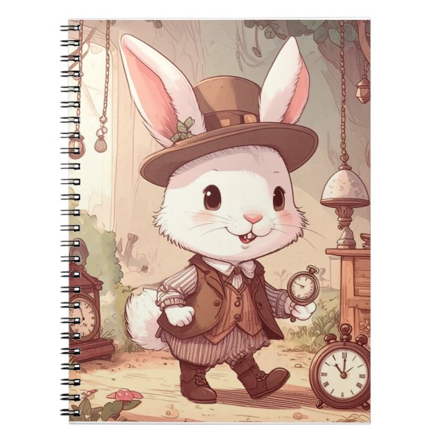 Cute White Rabbit Wonderland Whimsical Timekeeper Notebook (Front)