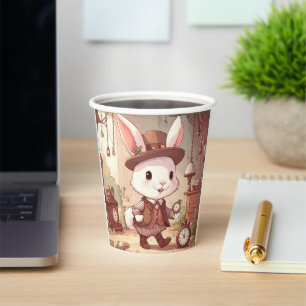 Cute White Rabbit Wonderland Whimsical Timekeeper Paper Cups