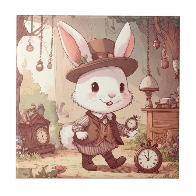 Cute White Rabbit Wonderland Whimsical Timekeeper Tile (Front)