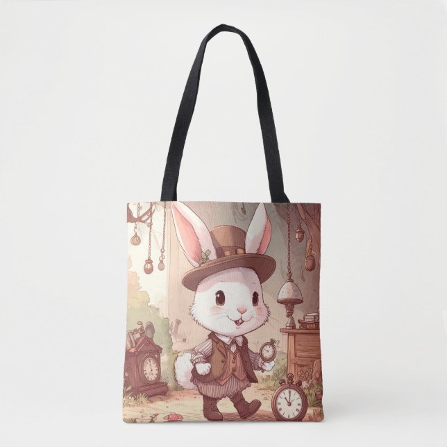 Cute White Rabbit Wonderland Whimsical Timekeeper Tote Bag (Front)