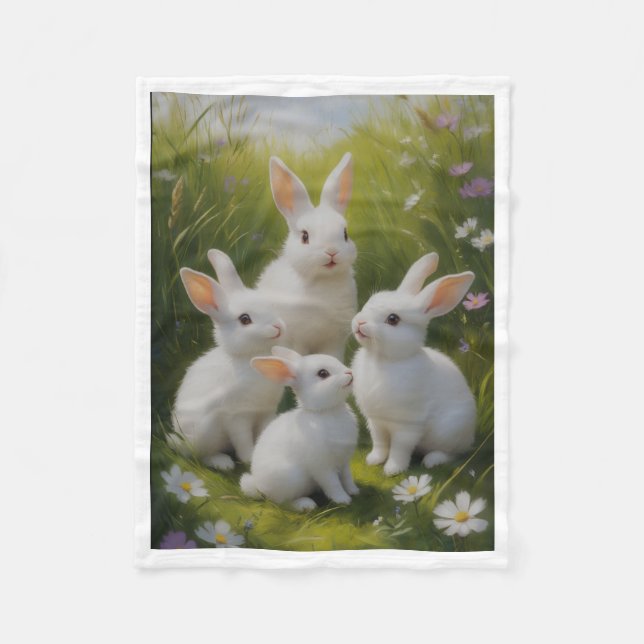 Cute White Rabbits Bunny Meadow Fleece Baby Blanke Blanket (Front)