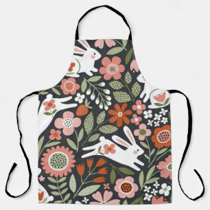 Cute white rabbits, floral vintage pattern. apron