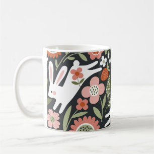 Cute white rabbits, floral vintage pattern. coffee mug