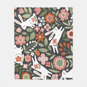 Cute white rabbits, floral vintage pattern. fleece blanket