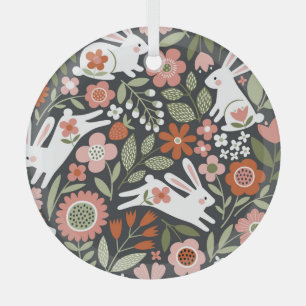 Cute white rabbits, floral vintage pattern. glass tree decoration