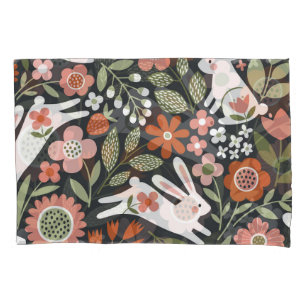 Cute white rabbits, floral vintage pattern. pillowcase