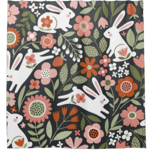 Cute white rabbits, floral vintage pattern. shower curtain