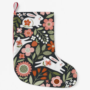 Cute white rabbits, floral vintage pattern. small christmas stocking