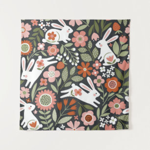 Cute white rabbits, floral vintage pattern. tapestry