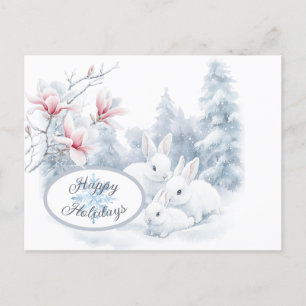 Cute White Rabbits in Snow Winter Holiday Postcard