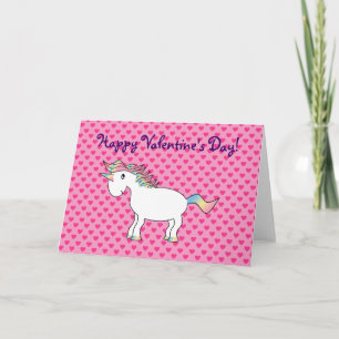 Cute white rainbow unicorn with pink hearts holiday card