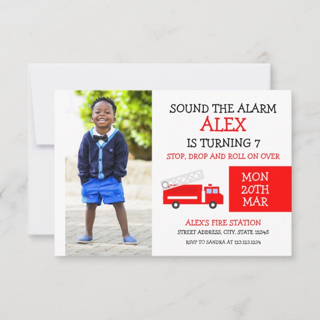 Cute White & Red Kids Photo Firetruck Birthday Invitation (Front)