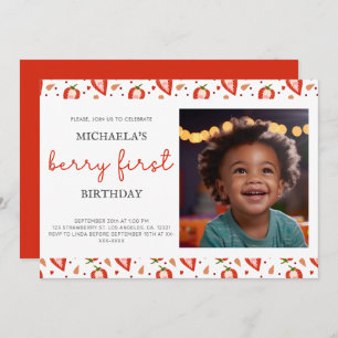 Cute White Red Photo Berry First Birthday Invitation