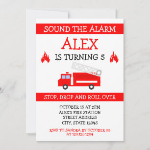 Cute White & Red Vector Kids Firetruck Birthday Invitation