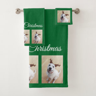 Cute White Reindeer Puppy Dog Christmas Green Bath Towel Set