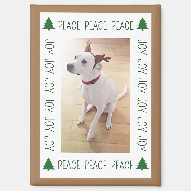 Cute White Reindeer Puppy Dog Peace Joy Brown Magnet (Front)