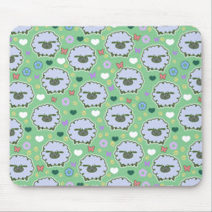 Cute White Sheep Green Pattern Mouse Pad