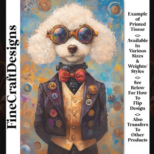 Cute White Steampunk Poodle Dog AX6 Decoupage Tissue Paper