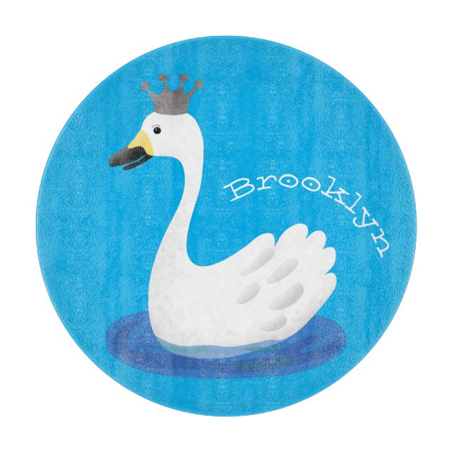 Cute white swan with crown cartoon cutting board (Front)